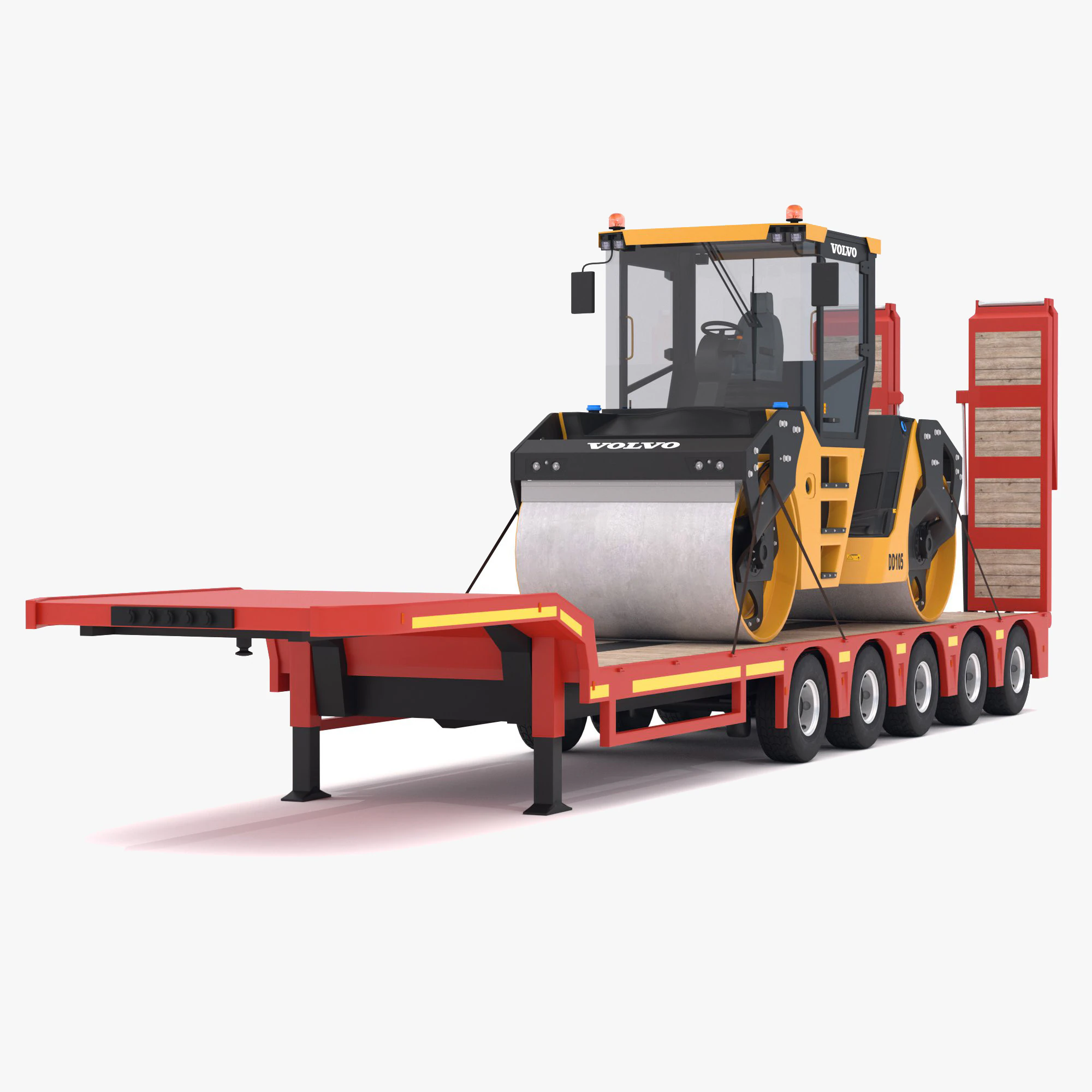Lowboy Trailer with Volvo DD105 Road Roller Compactor 3D Model .c4d .max .obj .3ds .fbx .stl .blend 