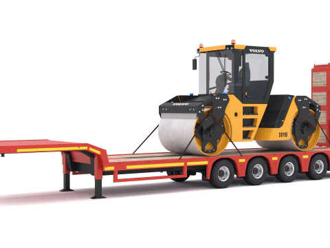 Lowboy Trailer with Volvo DD105 Road Roller Compactor 3D Model