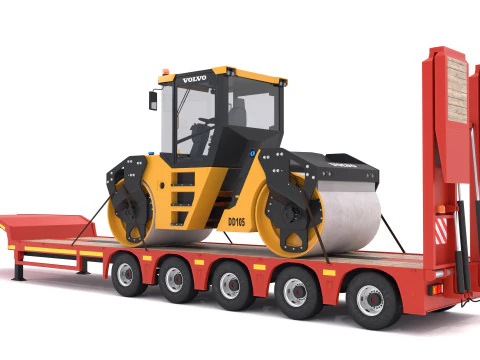 Lowboy Trailer with Volvo DD105 Road Roller Compactor 3D Model