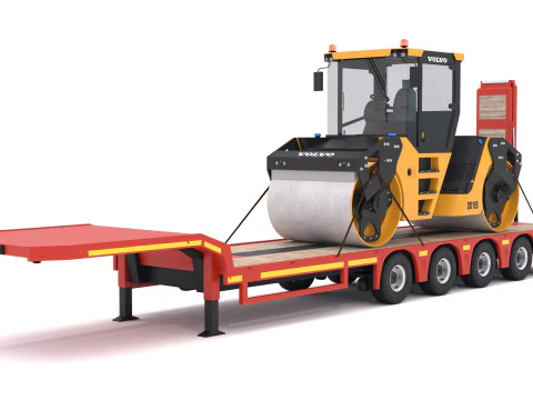 Lowboy Trailer with Volvo DD105 Road Roller Compactor 3D Model