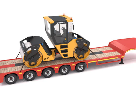 Lowboy Trailer with Volvo DD105 Road Roller Compactor 3D Model