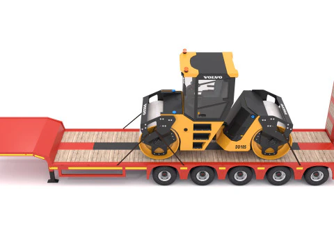 Lowboy Trailer with Volvo DD105 Road Roller Compactor 3D Model