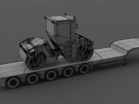 Lowboy Trailer with Volvo DD105 Road Roller Compactor 3D Model