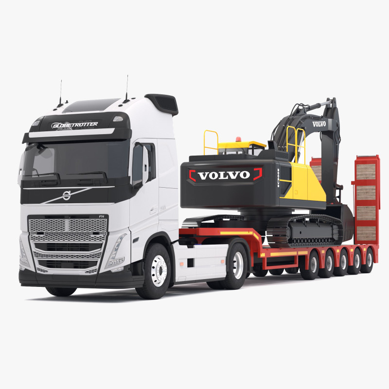 Volvo fh16 2021 dan Trailer Lowboy dengan Ekskavator EC300E Model 3D .c4d .max .obj .3ds .fbx .stl .blend 