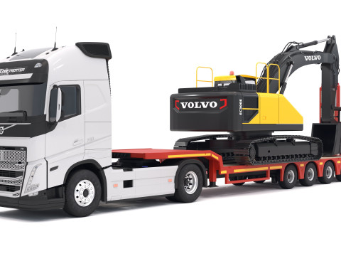 Volvo fh16 2021 dan Trailer Lowboy dengan Ekskavator EC300E Model 3D