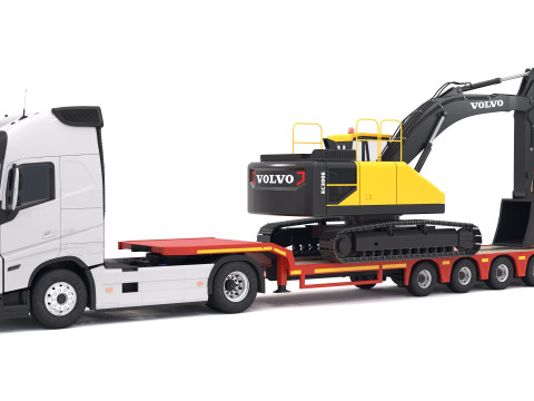 Volvo fh16 2021 dan Trailer Lowboy dengan Ekskavator EC300E Model 3D