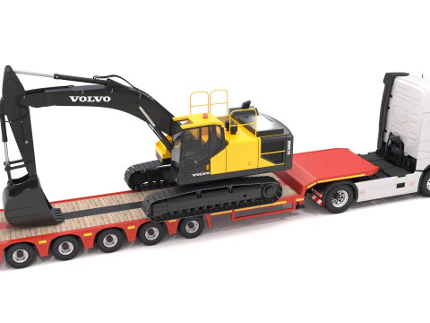 Volvo fh16 2021 e reboque Lowboy com escavadeira EC300E Modelo 3D