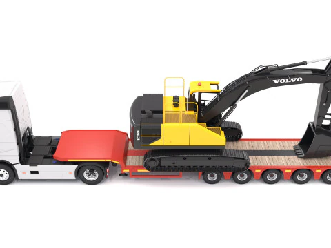 Volvo fh16 2021 e reboque Lowboy com escavadeira EC300E Modelo 3D