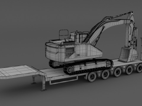 Volvo fh16 2021 dan Trailer Lowboy dengan Ekskavator EC300E Model 3D