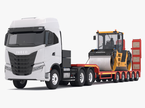 वोल्वो DD105 रोड रोलर कॉम्पेक्टर के साथ इवेको एस-वे ट्रैक्टर और लोबॉय ट्रेलर 3D मॉडल