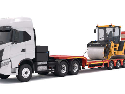 Trattore Iveco S-WAY e rimorchio ribassato con compattatore a rulli stradali Volvo DD105 Modello 3D