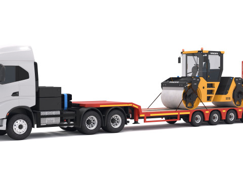 Trattore Iveco S-WAY e rimorchio ribassato con compattatore a rulli stradali Volvo DD105 Modello 3D