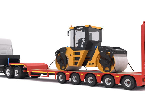 Trattore Iveco S-WAY e rimorchio ribassato con compattatore a rulli stradali Volvo DD105 Modello 3D