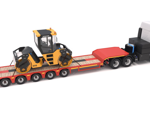 Trattore Iveco S-WAY e rimorchio ribassato con compattatore a rulli stradali Volvo DD105 Modello 3D