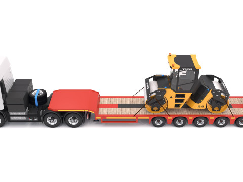 Trattore Iveco S-WAY e rimorchio ribassato con compattatore a rulli stradali Volvo DD105 Modello 3D