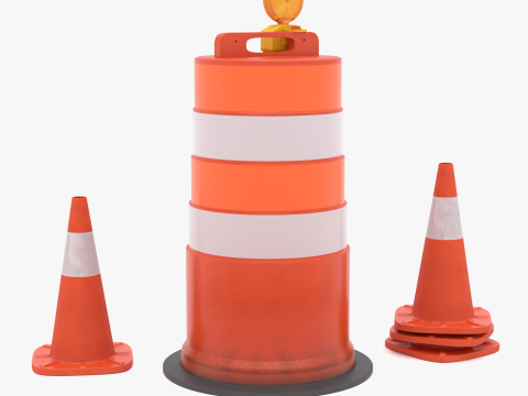 交通桶路障和锥体 3D 模型