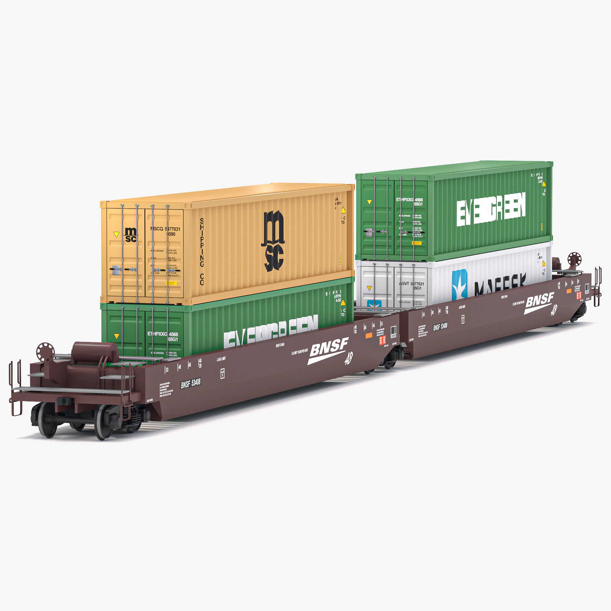 Double Stack Railcar BNSF with Containers 3D Model .c4d .max .obj .3ds .fbx .stl .blend