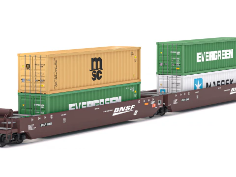 Double Stack Railcar BNSF with Containers 3D Model