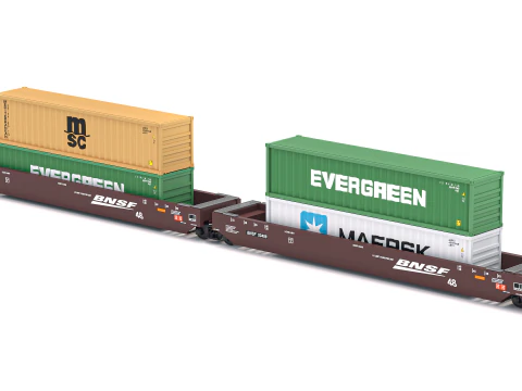 Double Stack Railcar BNSF with Containers 3D Model