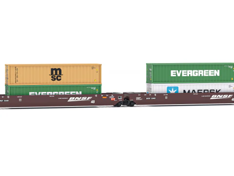 Double Stack Railcar BNSF with Containers 3D Model