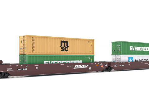 Double Stack Railcar BNSF with Containers 3D Model