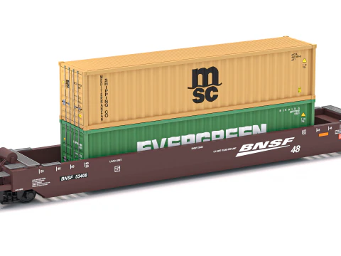 Double Stack Railcar BNSF with Containers 3D Model