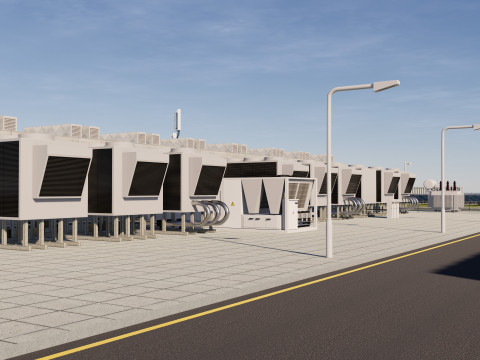 इंटीरियर और लैंडस्केप के साथ डेटा सेंटर 3D मॉडल