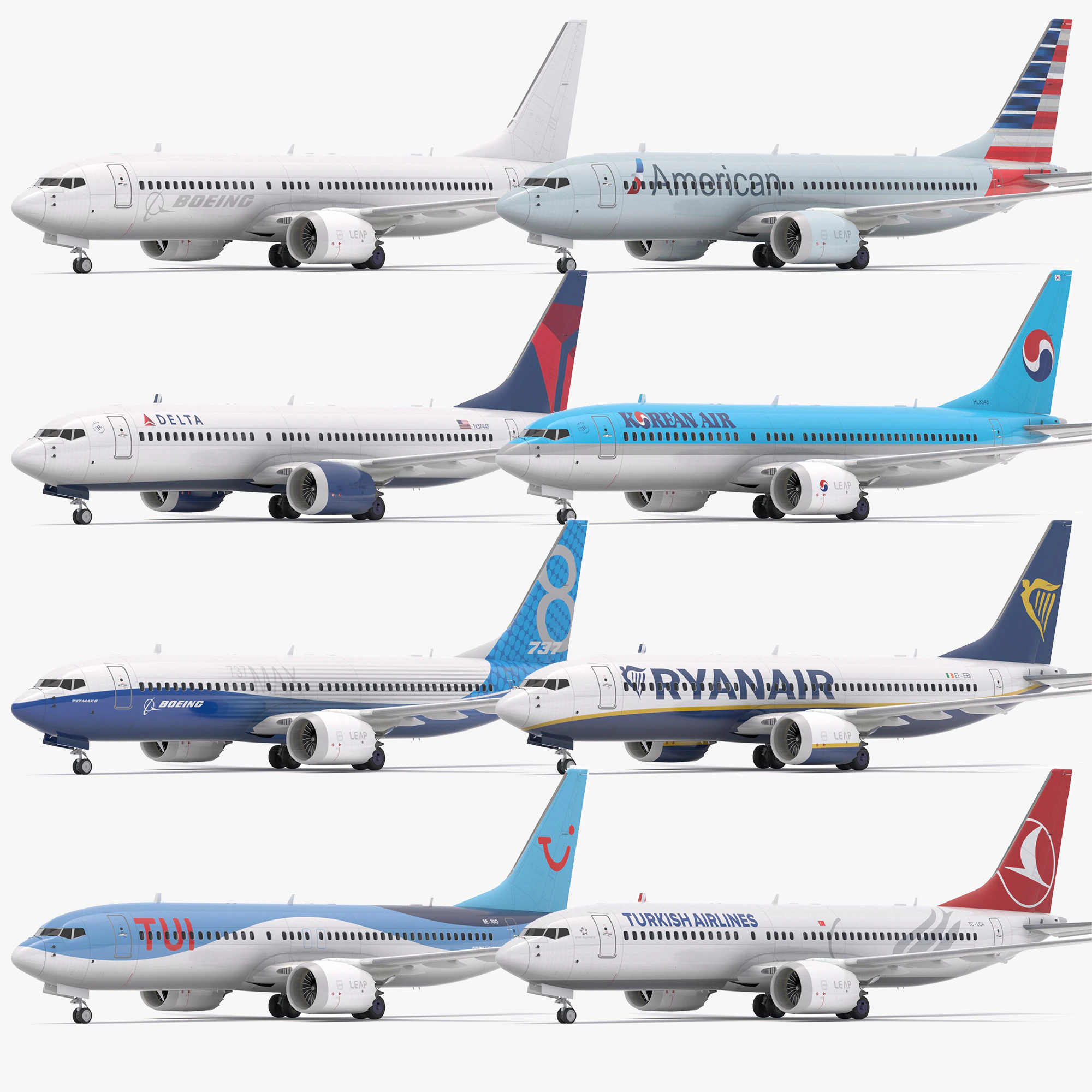 Boeing 737-800 MAX Collection 3D Model .c4d .max .obj .3ds .fbx .stl .blend 
