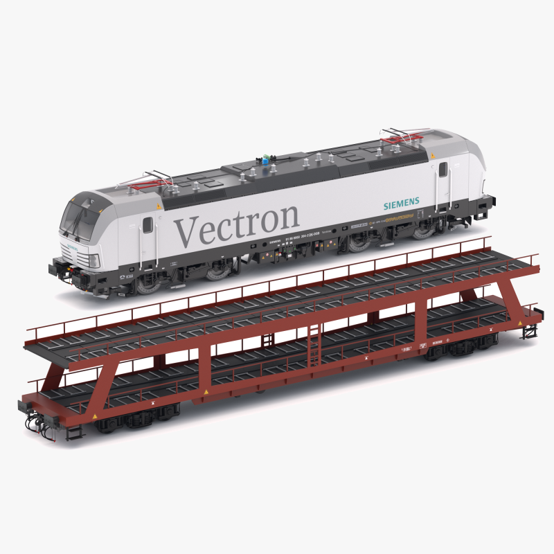 Autorack Train and Siemens Vectron Locomotive 3D Model .c4d .max .obj .3ds .fbx .stl .blend