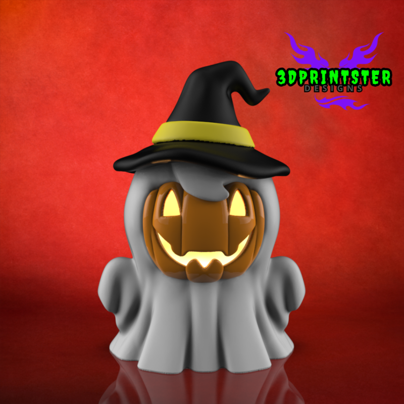 Cute Halloween Pumpkin Ghost Halloween Decor Cute Ghost with Witch Hat 3D Print Model .c4d .max .obj .3ds .fbx .stl .blend 