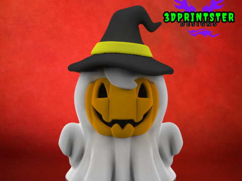 Cute Halloween Pumpkin Ghost Halloween Decor Cute Ghost with Witch Hat 3D Print Model