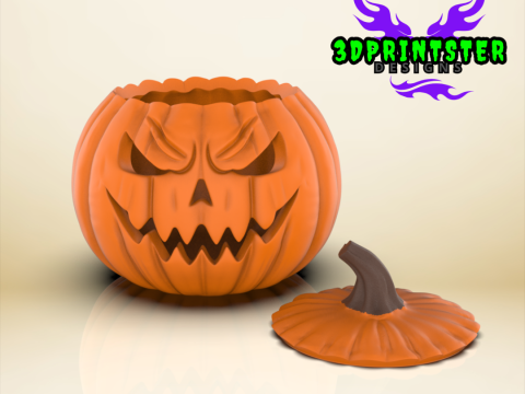 ハロウィンのカボチャの顔(蓋付き) 3Dプリントモデル