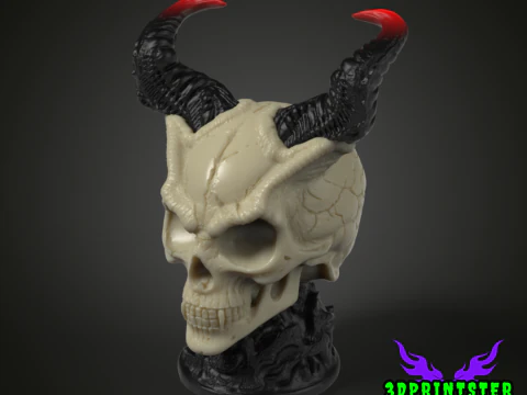 Demon Skull With Horns 3D Print Model