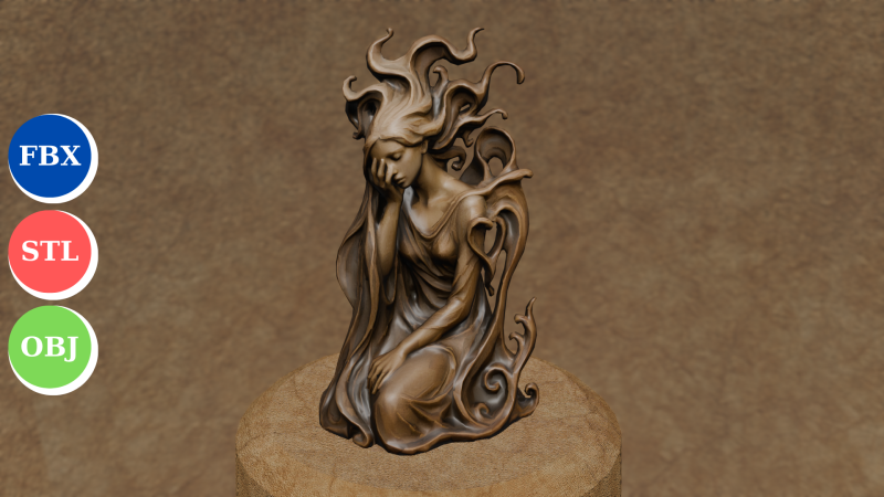 Patung Wanita Fantasi 3D Kesedihan Halus Model Cetak 3D .c4d .max .obj .3ds .fbx .stl .blend 