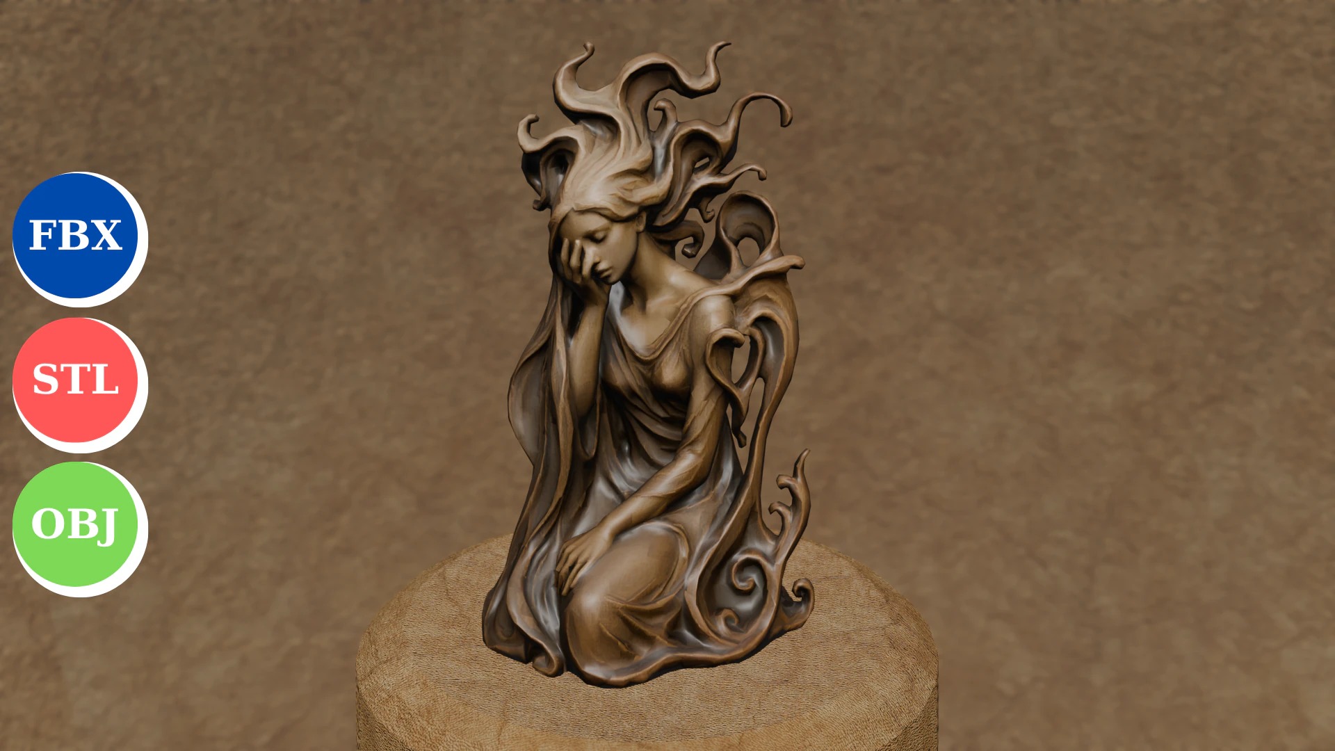 Ethereal Sorrow 3D Fantasy Woman Sculpture 3D Print Model .c4d .max .obj .3ds .fbx .stl .blend 