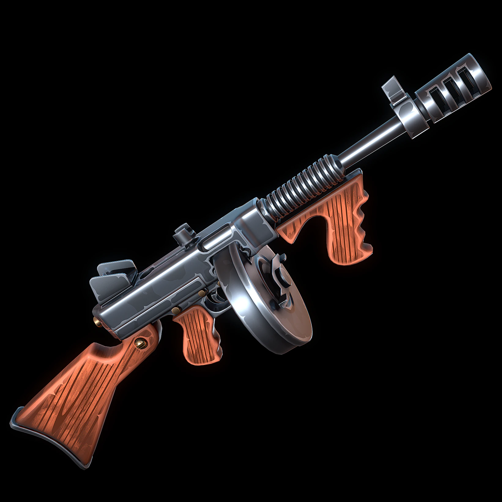 Stylized Thompson Submachinegun 3D Model .c4d .max .obj .3ds .fbx .stl .blend 