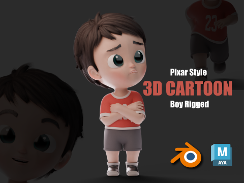 完全に装備されたピクサー スタイルの 3D 漫画の子供のキャラクター 3Dモデル