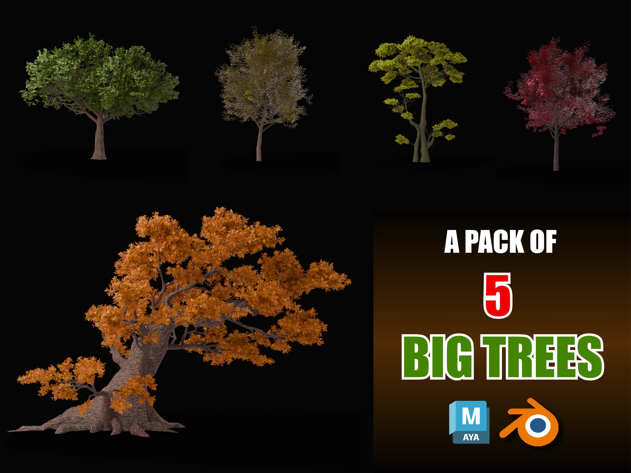 Large Autumn Tree Collection 3D Model .c4d .max .obj .3ds .fbx .stl .blend