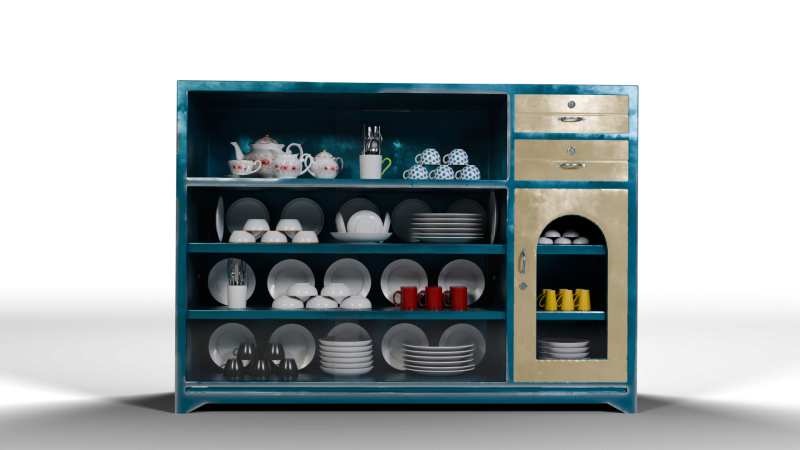 Metalic display cabinet with tableware 3D Model .c4d .max .obj .3ds .fbx .stl .blend 