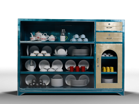 食器が入った金属製の陳列キャビネット 3Dモデル