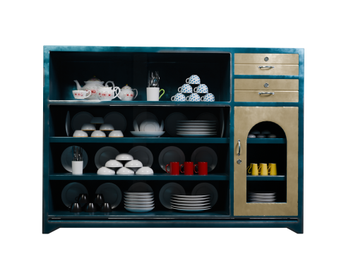 Metalic display cabinet with tableware 3D Model