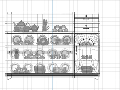 Metalic display cabinet with tableware 3D Model