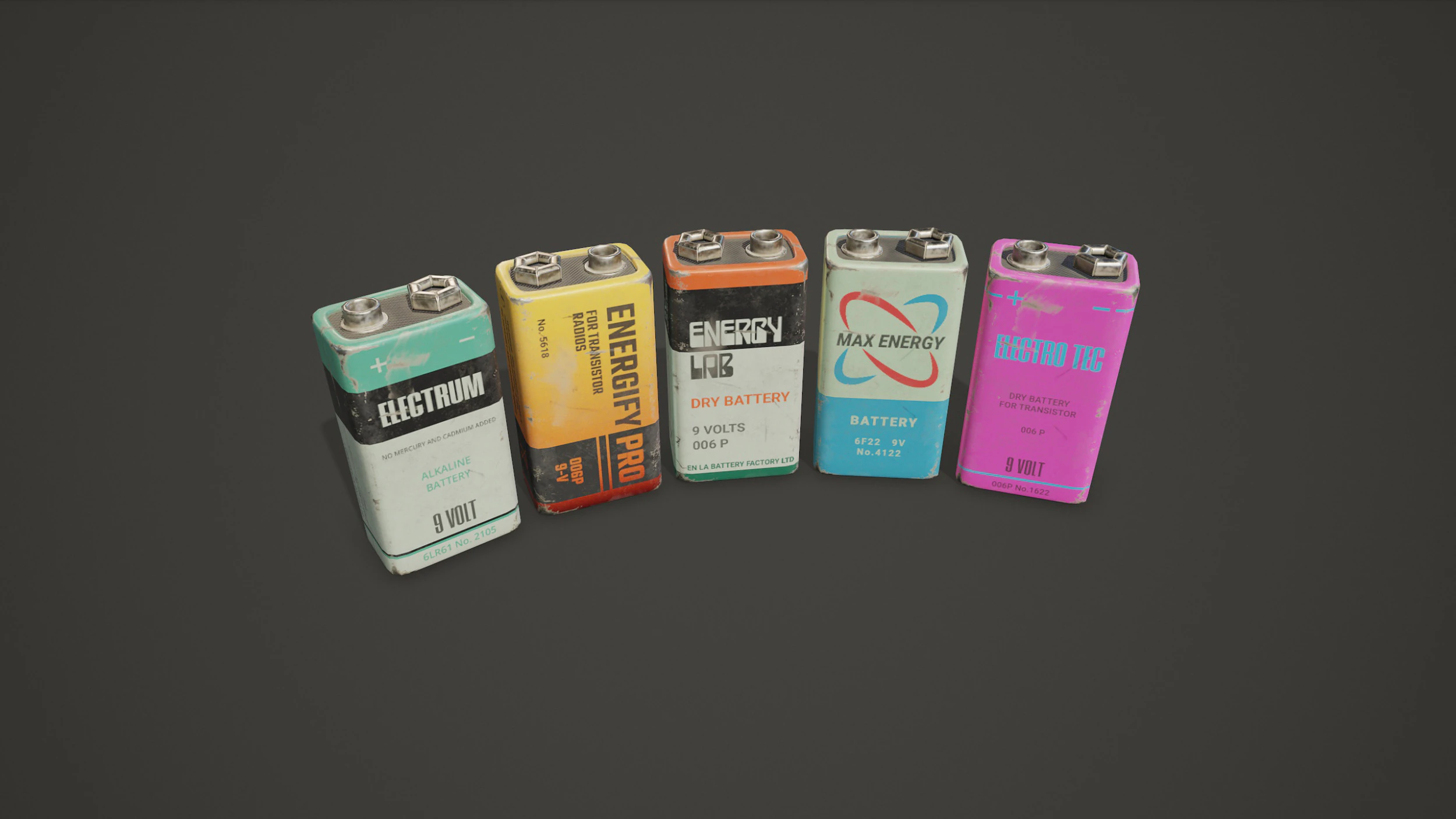 Battery PP3 9v 5 Color Options LODs - PBR Game Ready Low-poly 3D Model .c4d .max .obj .3ds .fbx .stl .blend