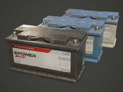 Batterie de voiture 100 6CT 12 Volts 3 options de couleurs - PBR Game Ready Low-poly Modèle 3D