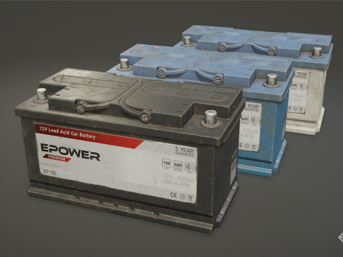 Batterie de voiture 100 6CT 12 Volts 3 options de couleurs - PBR Game Ready Low-poly Modèle 3D
