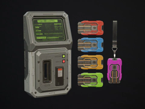 Sci-Fi-toegangsterminal en keycard 5 kleuropties LOD's - PBR Game Ready Low-poly 3D Model