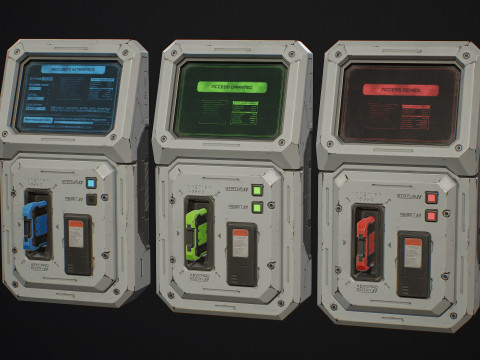 Terminale di accesso fantascientifico e tessera magnetica 5 opzioni colore LOD - PBR Game Ready Low-poly Modello 3D