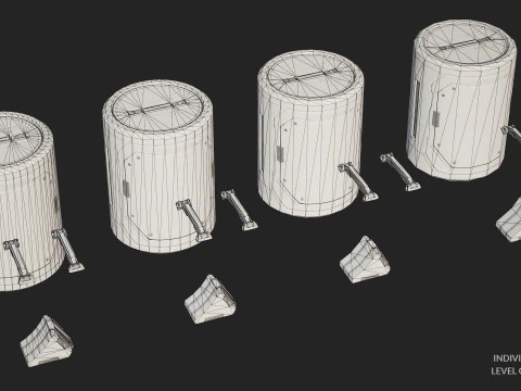 Sci-Fi Barrel Modular Set 6 Color Options LODs - PBR Game Ready Low-Poly 3D Model