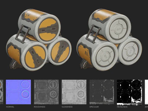 Sci-Fi Barrel Modular Set 6 Color Options LODs - PBR Game Ready Low-Poly 3D Model
