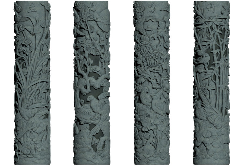 Colonne de sculpture sur pierre de bambou de chrysanthème d'orchidée de prune traditionnelle chinoise - Qin très détaillé Modèle 3D .c4d .max .obj .3ds .fbx .stl .blend 